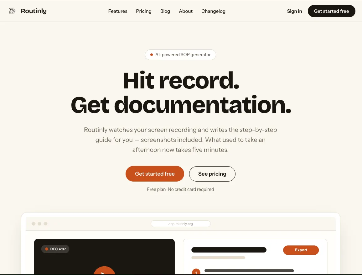 Началната страница на Routinly — „Hit record. Get documentation.“ и екран с генерирано ръководство